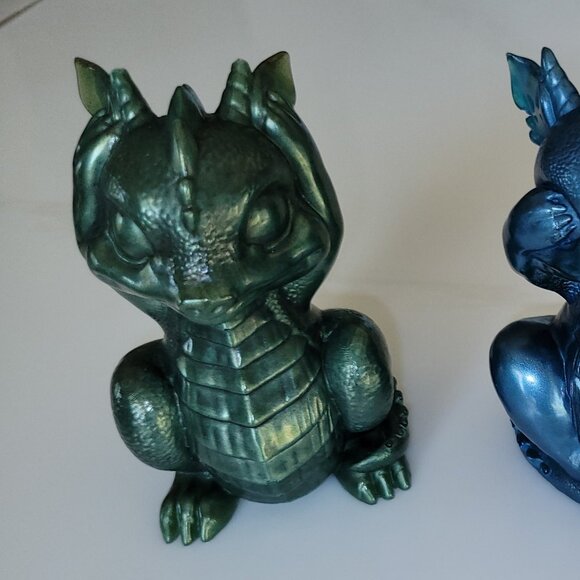 DRAGON TRIO Resin Figurines green blue purple NEW Hear See Speak No Evil Decor - Picture 1 of 6